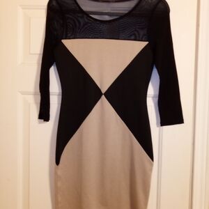Y2K Style Black and Cream Bodycon Dress 3/4 Sleeve Size Medium